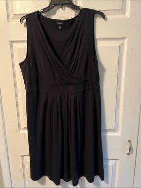 Lands' End Black Sleeveless Faux-Wrap Midi Dress with A line Pleated Skirt